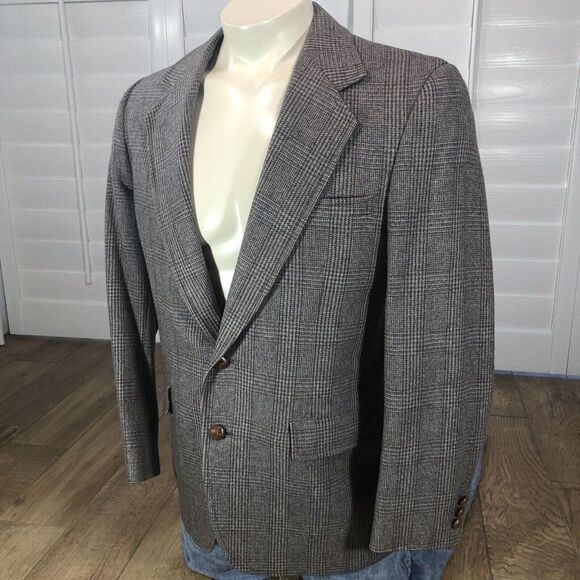 Vtg John Weitz Men's L Plaid Wool 2 Button Blazer Jacket Sport Coat Brown Tan - Picture 9 of 12